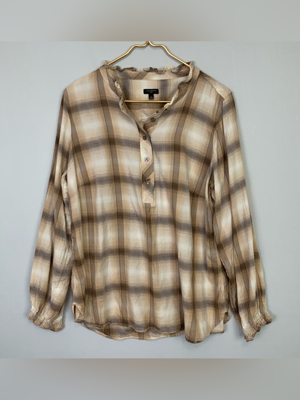 Talbots Plus Sz X Ruffle‎ Trim Popover Top Sunrise Plaid Brown Neutral Poet Boho